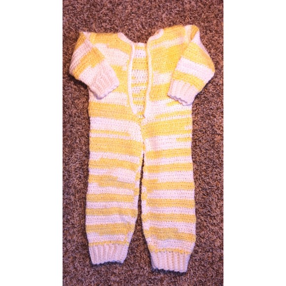 Girl's Size 3-6 M Months Handmade One Piece Yellow White Sweater Pants Romper - Picture 1 of 5